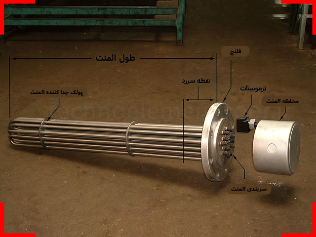بخش های مختلف یک المنت حرارتی فلنج دار، در کارگاه تکنو المنت نور
